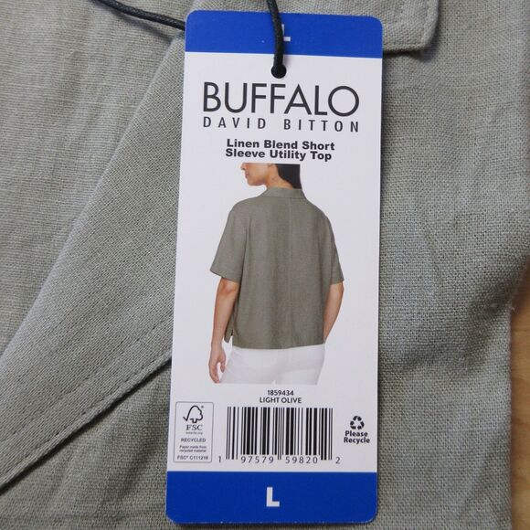 BUFFALO DAVID BITTON Linen Blend Button Front Shirt‎ L 12-14 Olive Green Top NWT - Picture 8 of 10